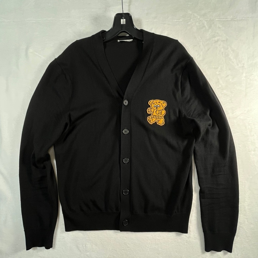 SANDRO Paris Mens M Black Wool Cardigan Teddy Bear Patch Sweater